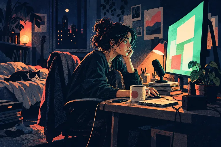 A creator works late at a small bedroom desk lit by a monitor and a warm lamp.